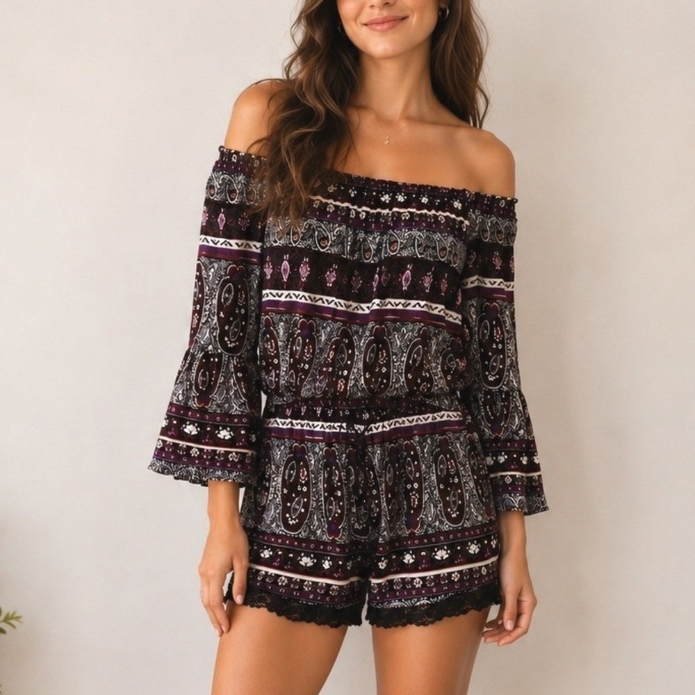 Womens Paisley Off Shoulder Bell Sleeve Romper S‎ Fairy Coquette Festival Gypsy